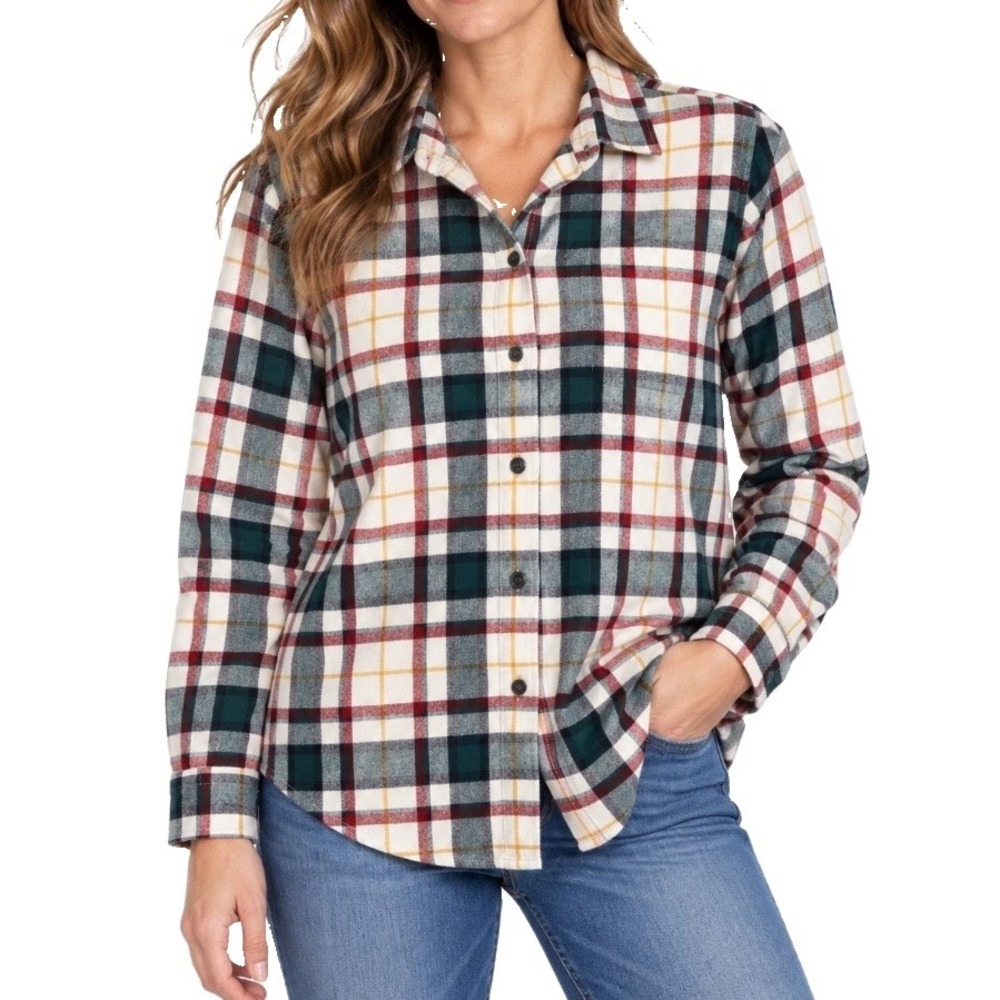 LL Bean Green Ivory Scotch Plaid Cotton Flannel Button Shirt Relaxed Fit LARGE